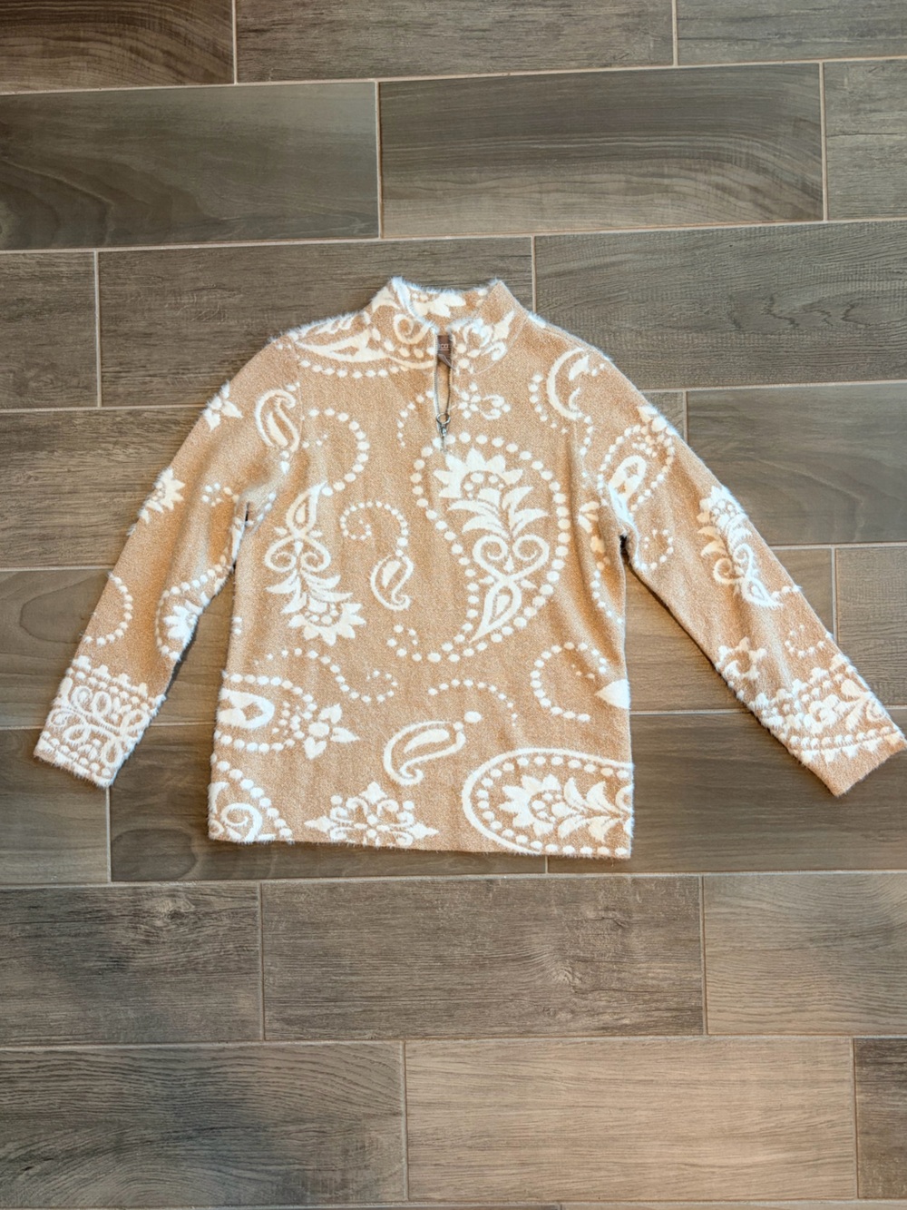 Chico's Cream & Tan Paisley Half-Zip Sweater